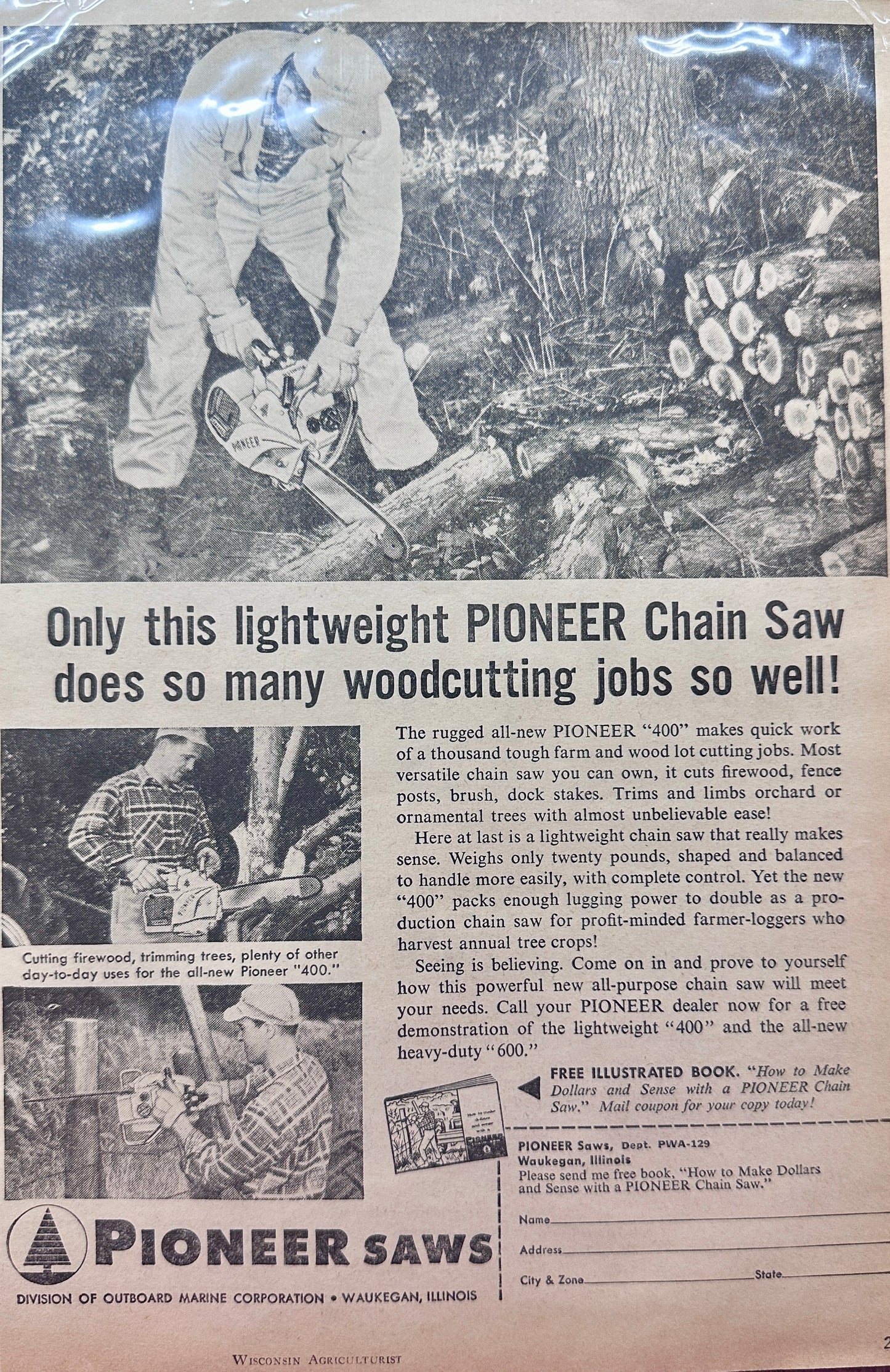 1959 Pioneer 400 Chain Saws Lightweight Makes Quick Work of Chores Ad N787