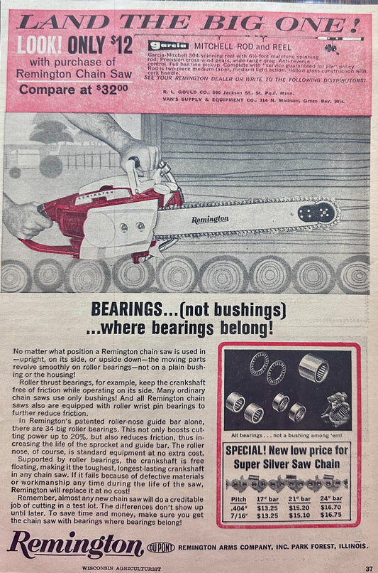 1964 Remington Chain Saw Bearings - Not Bushings - Vintage Ad
