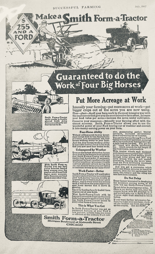 1917 Ford Model T + Smith Form-a-Tractor Replaces 4 Big Horses Vintage Ad #1360