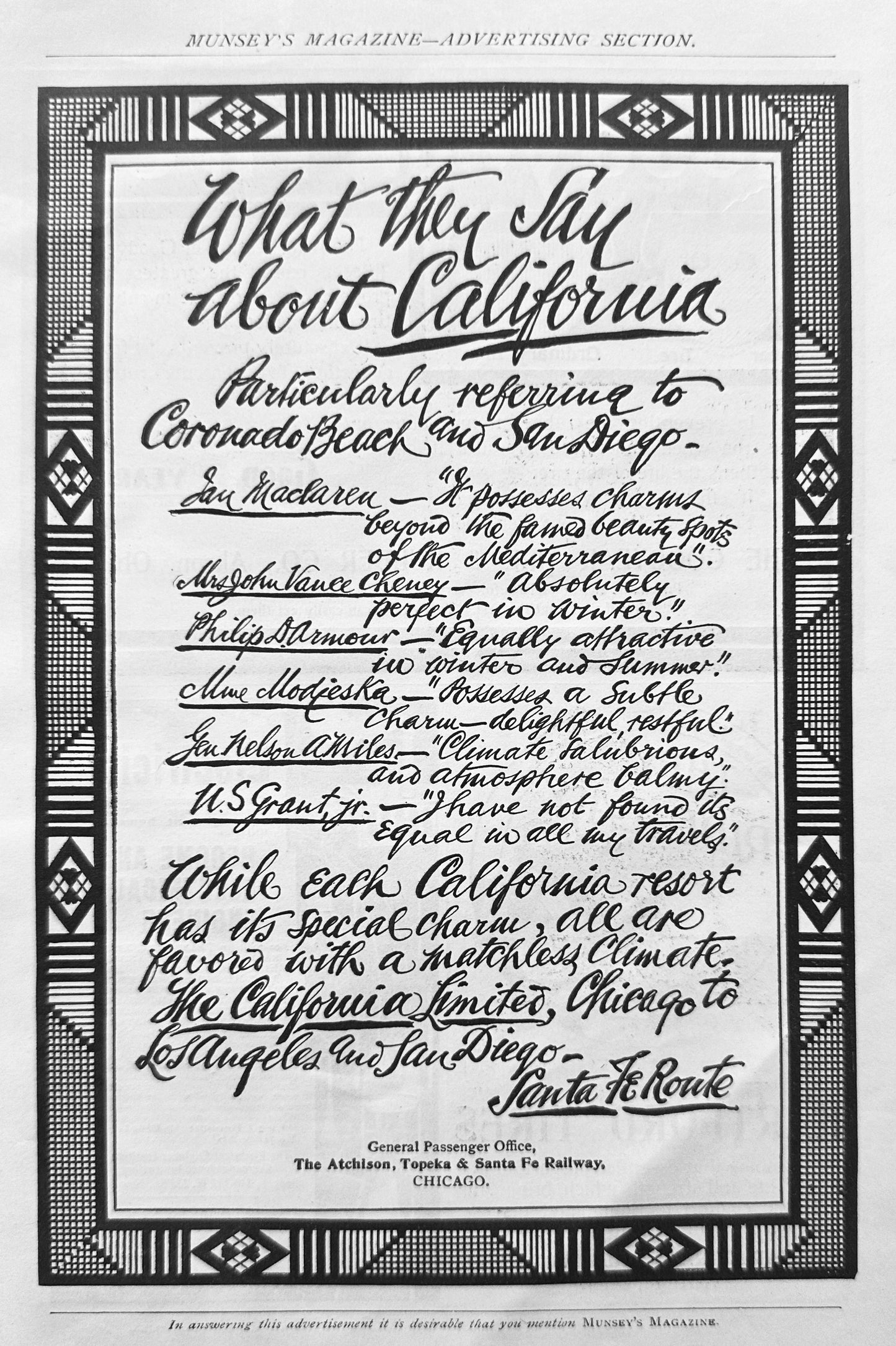 1901 Santa Fe Route - Vintage Ad - Chicago to California