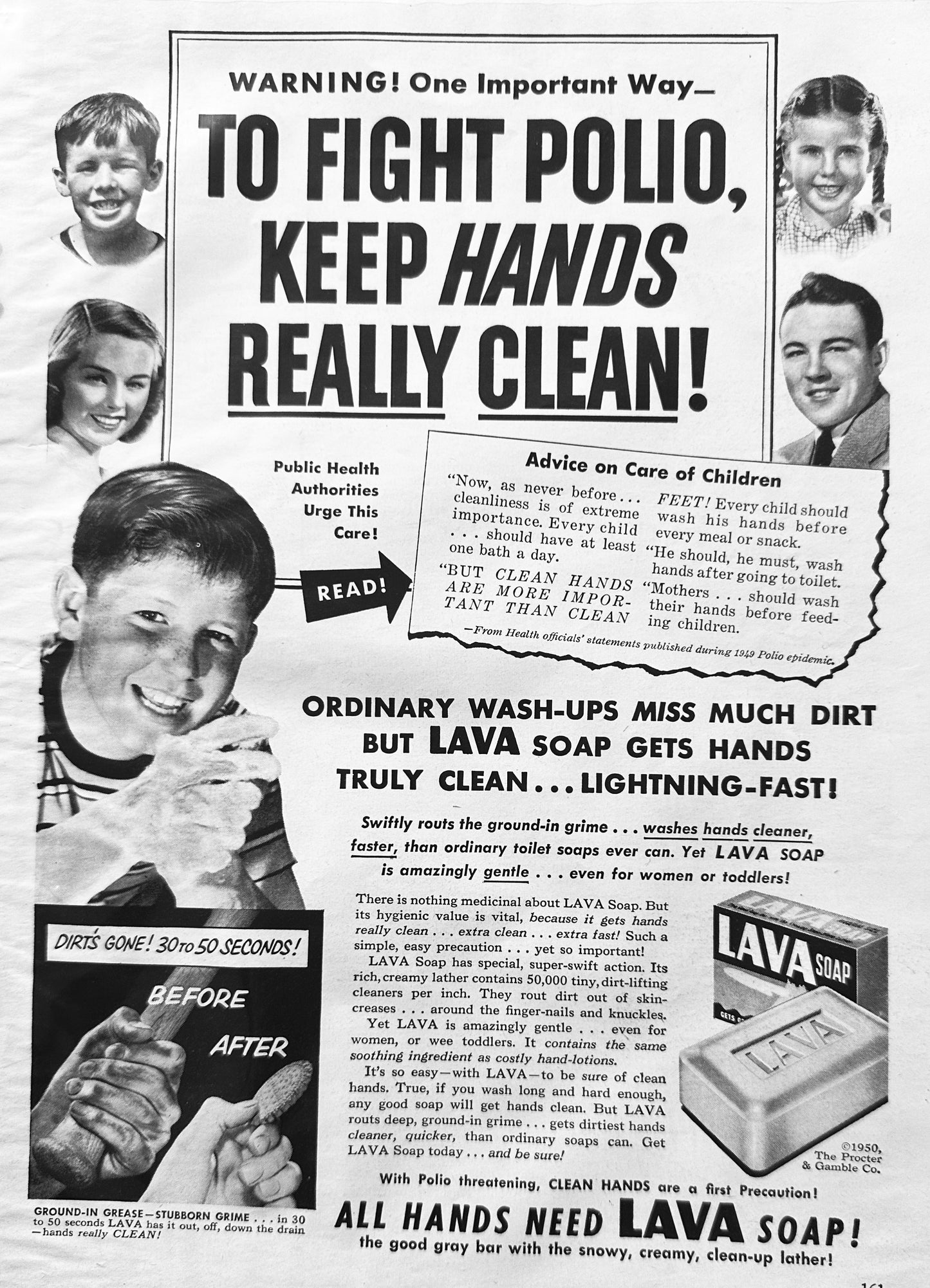 1950 Lava Soap Helps Fight Polio by Keeping Hands Clean Vintage Ad