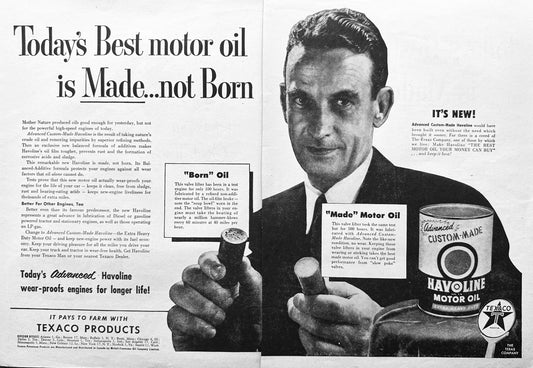 1953 2-Page Texaco Havoline Oil It's Born not Made Vintage Ad N887