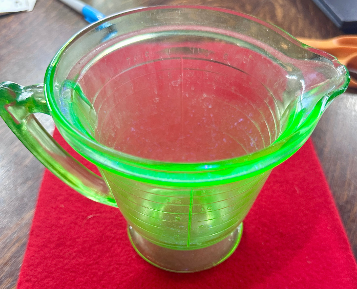 1930's T&S Green Uranium Glass Footed 16oz Measuring Cup - Spout is Chipped
