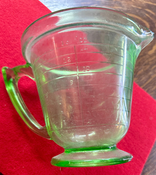 1930's T&S Green Uranium Glass Footed 16oz Measuring Cup - Spout is Chipped