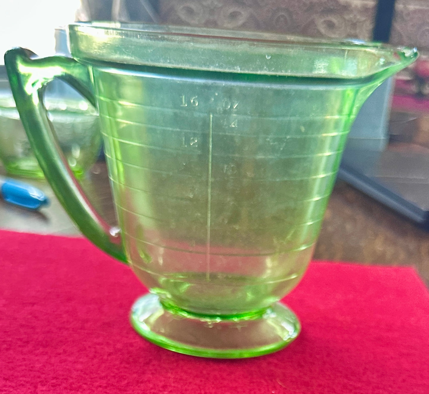 1930's T&S Green Uranium Glass Footed 16oz Measuring Cup - Spout is Chipped