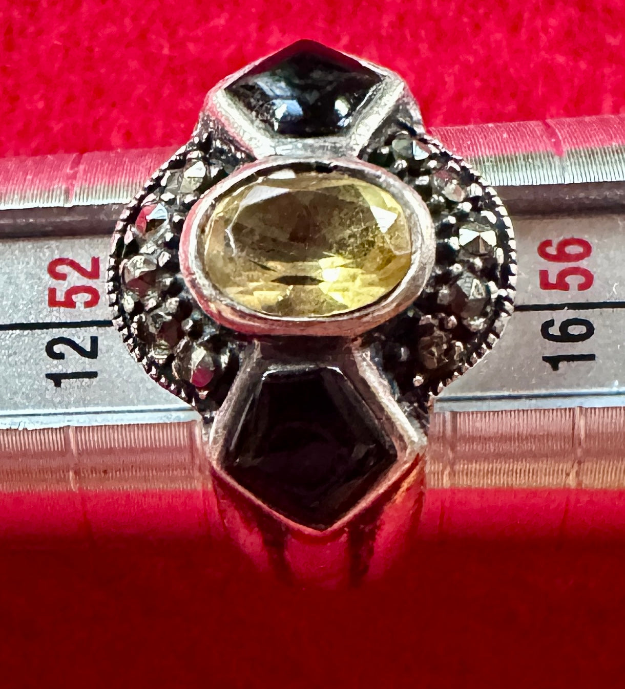1980's  Citrine, Onyx and Marcasite Stones in Heavy Sterling Silver Setting Sz 7