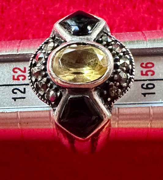 1980's  Citrine, Onyx and Marcasite Stones in Heavy Sterling Silver Setting Sz 7