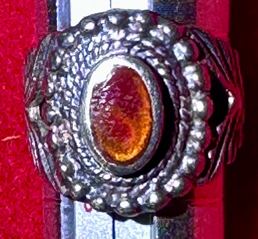 1980's Vintage Carnelian Cabochon set Stone in Decorative Sterling Silver Sz 6