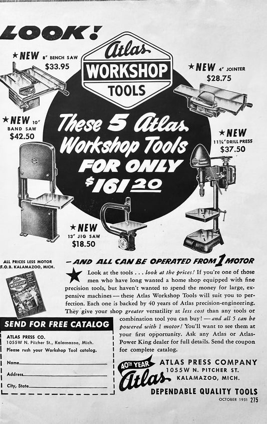 1951 Atlas Workshop Tools - 5 Types Shown - Kalamazoo, MI S77