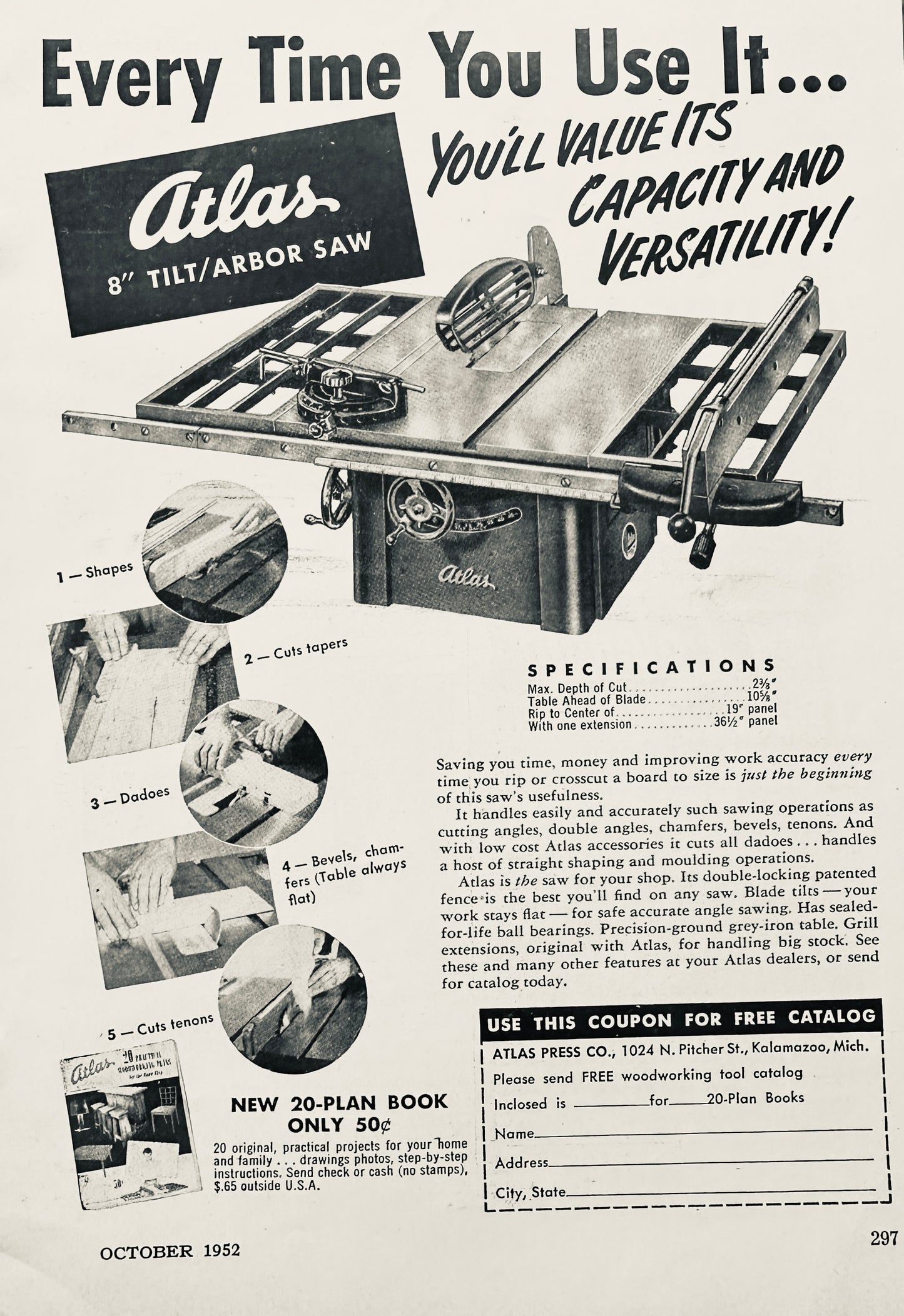 1952 Atlas Tilt Arbor Saw - Every Time You Use It - Kalamazoo, MI Vintage Ad S80