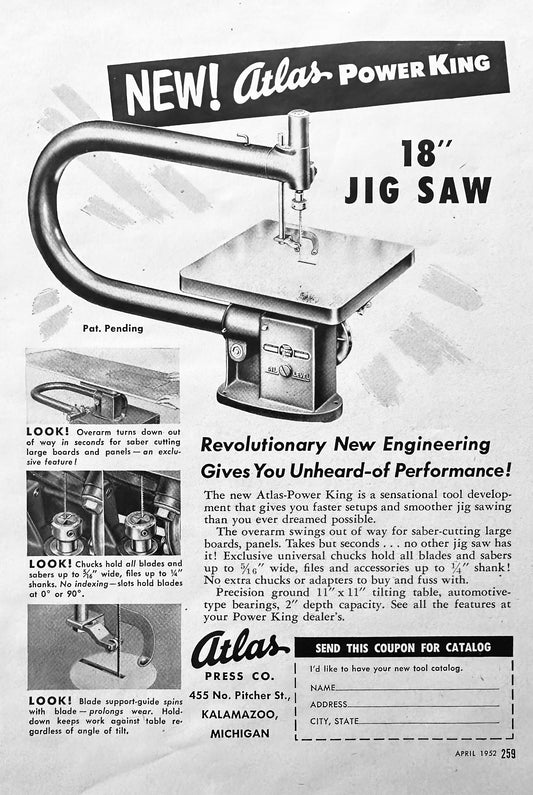 1952 Atlas Power King 18" Jig Saw Vintage Ad S81