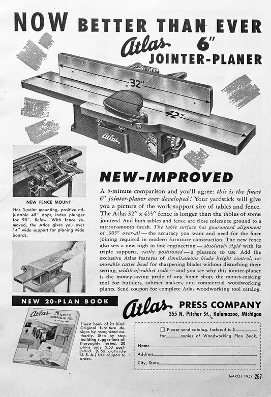 1952 Atlas 6" Jointer-Planer - Atlas Press - Kalamazoo, Mi Vintage Ad S82
