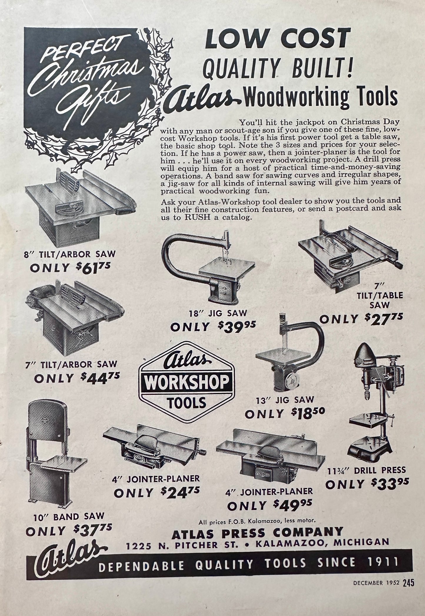1952 Line of 9 Atlas Woodworking Tools Vintage Ad
