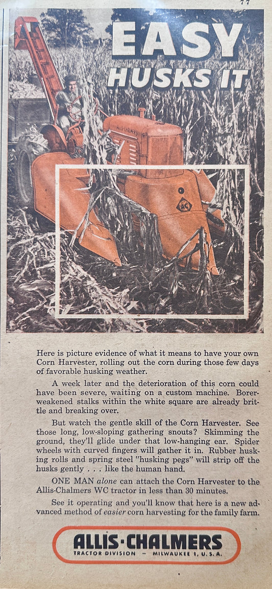 1948 Allis Chalmers Corn Harvester - Easy Husks It - Vintage Ad S49
