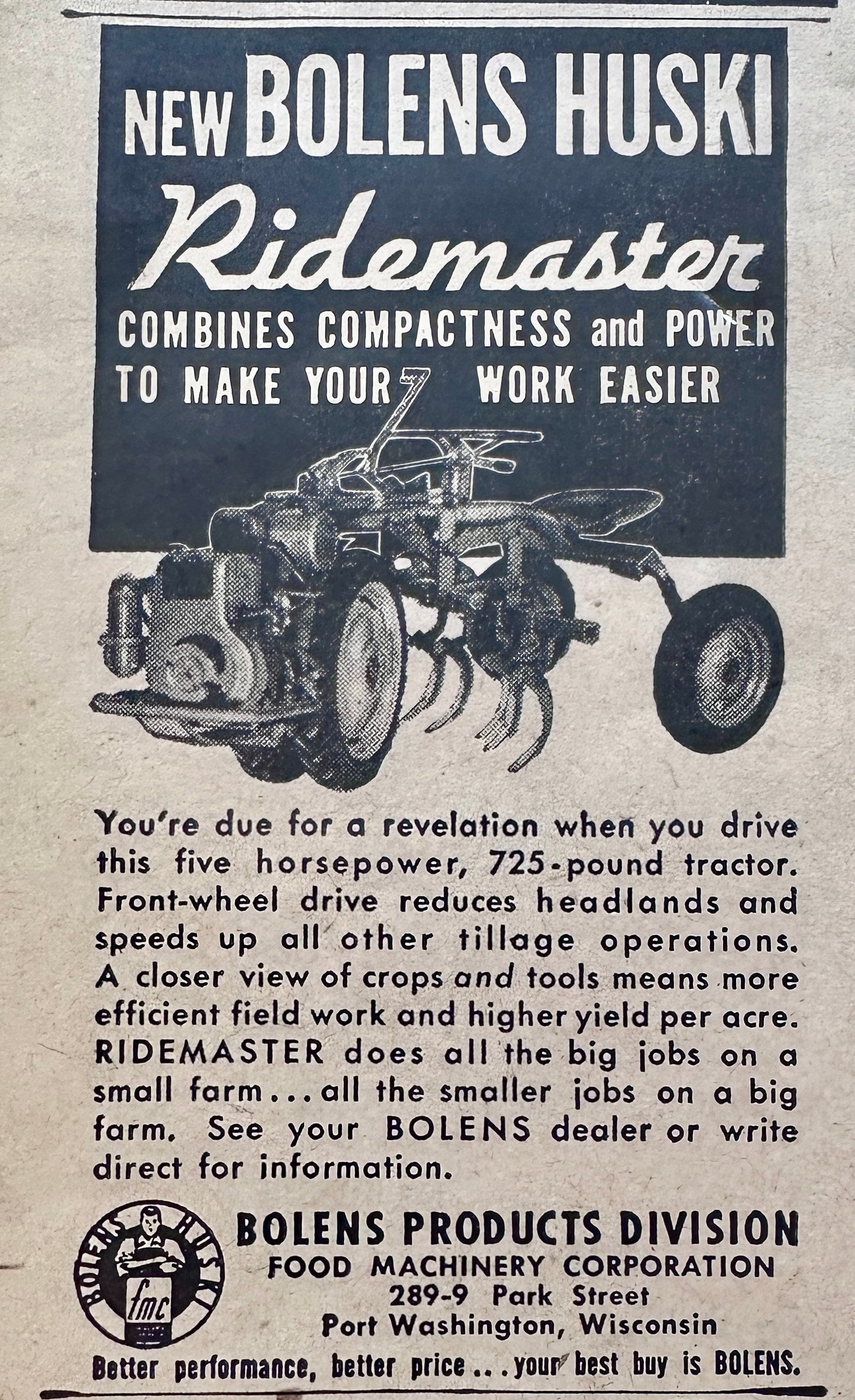 1948 - 1949 Bolens Husky Ridemaster Lawn Tractor Vintage Ads, Post Washington, WI