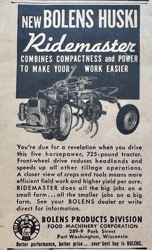 1948 - 1949 Bolens Husky Ridemaster Lawn Tractor Vintage Ads, Post Washington, WI N117
