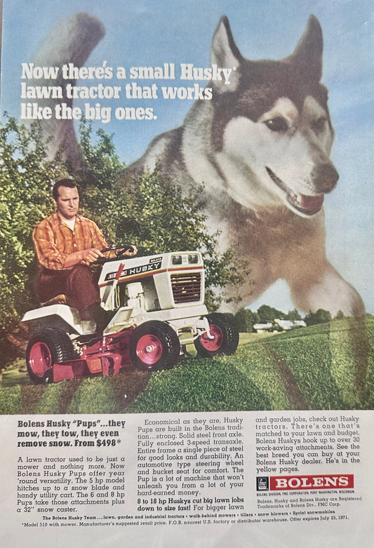 1971 Bolens Husky Pups They Mow, They Tow, They Remove Snow Vintage Ad N118
