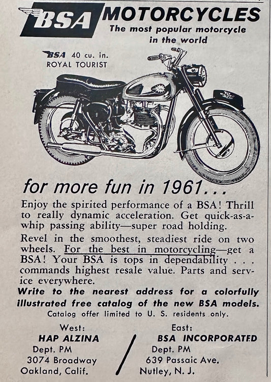 1961 BSA Royal Tourist - Vintage Motorcycle Ad N130