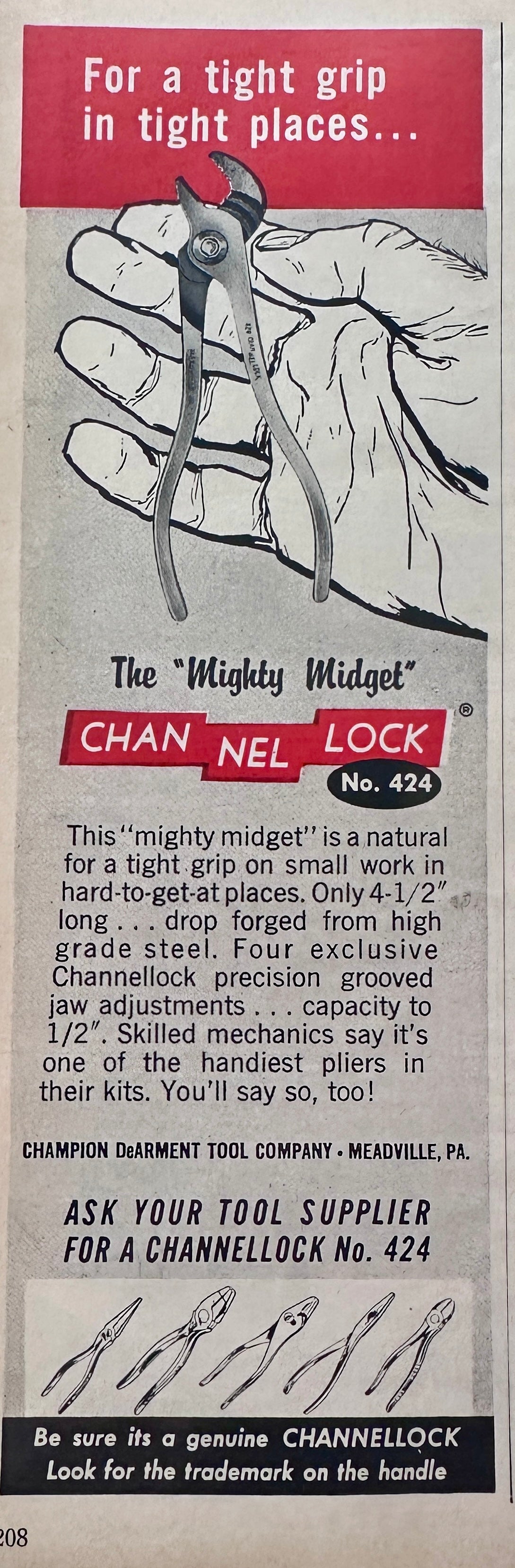 1960 Channel Lock #424 Mighty Midget Pliers for Small Places N207
