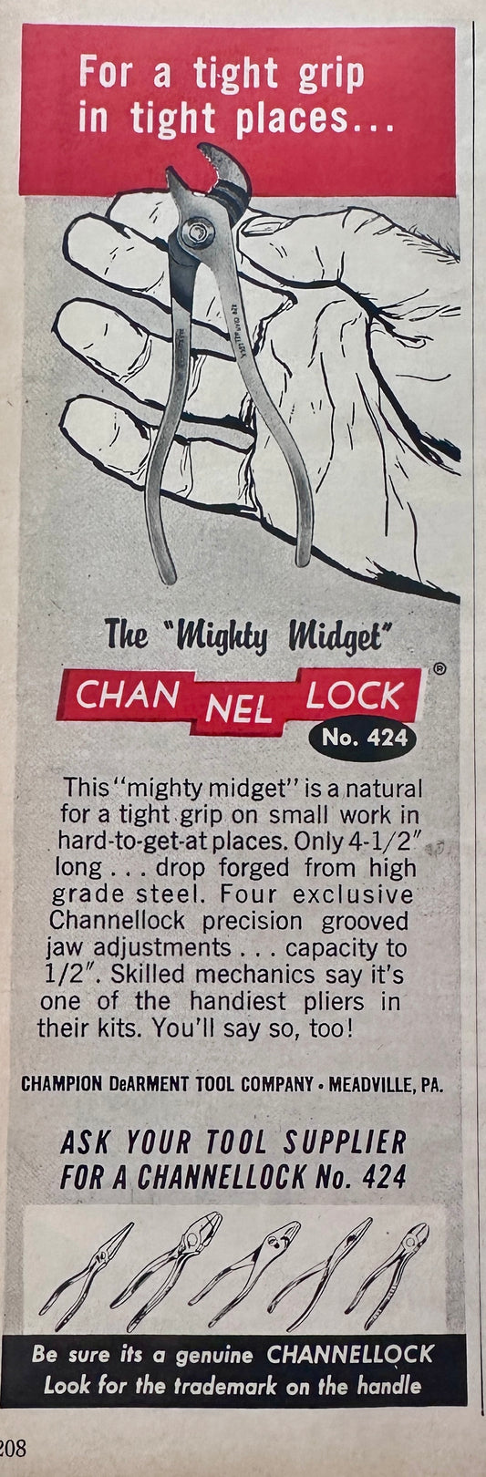 1960 Channel Lock #424 Mighty Midget Pliers for Small Places N207