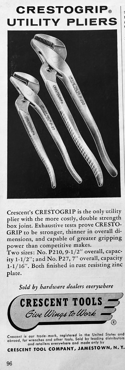 1961 Crestogrip Utility Pliers by Crescent Tools Jamestown, NY N272
