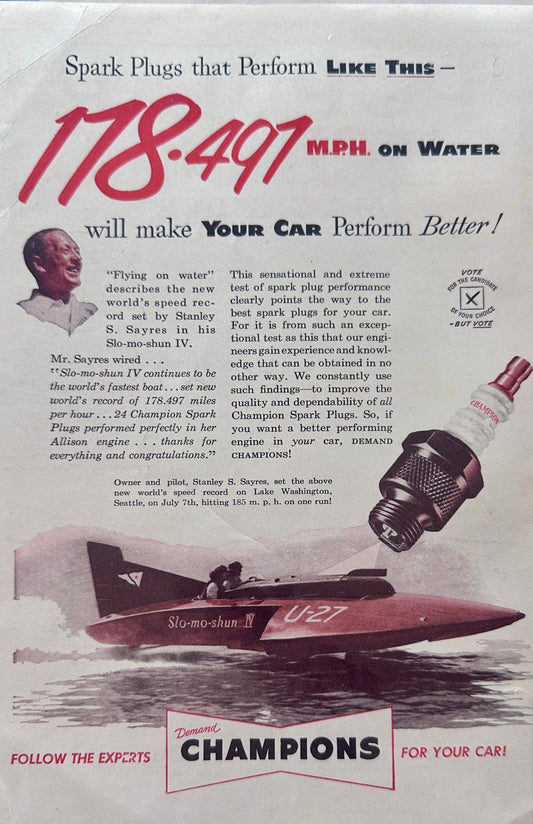 1952 Champion Spark Plugs Used to Power Speed Boat to Victory N191