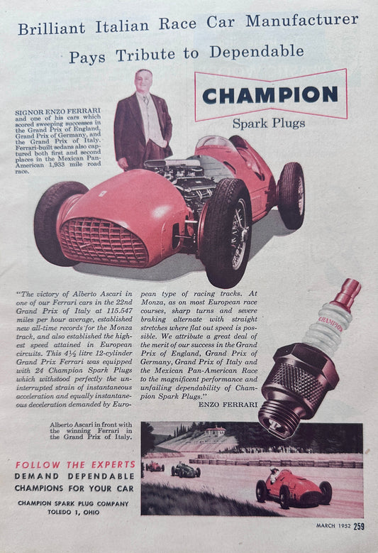 1952 Champion Spark Plugs Pays Tribute to Enzo Ferrari Vintage Ad N192