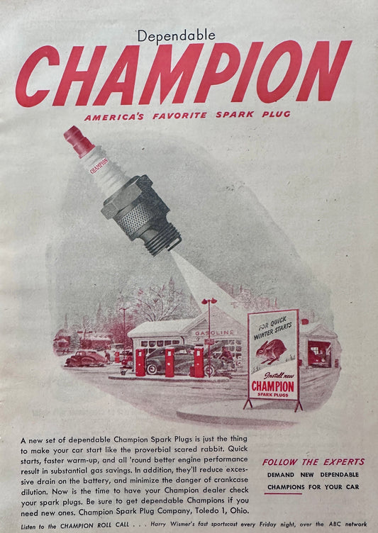 1947 Champion Spark Plug Retro Gas Station - Starts your Car Like a Scared Rabbit N178