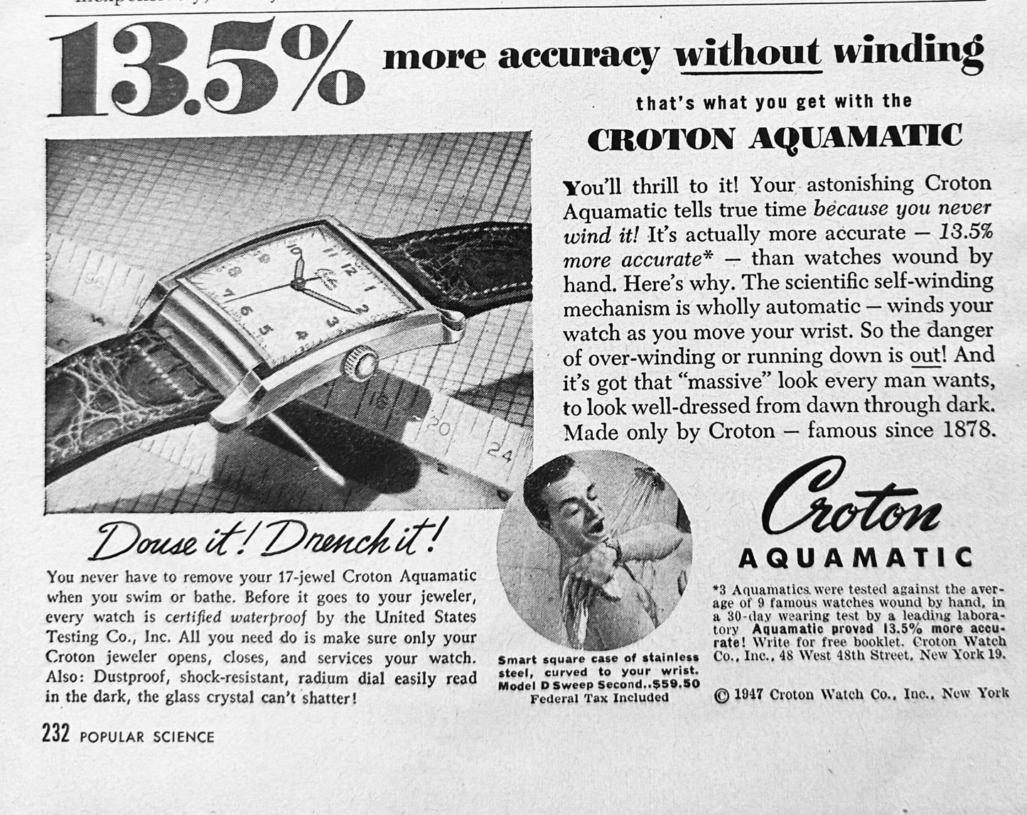 1947 Croton Aquamatic Self-Winding Wrist Watch - Waterproof Vintage Ad