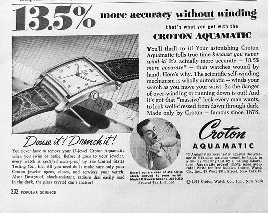 1947 Croton Aquamatic Self-Winding Wrist Watch - Waterproof Vintage Ad