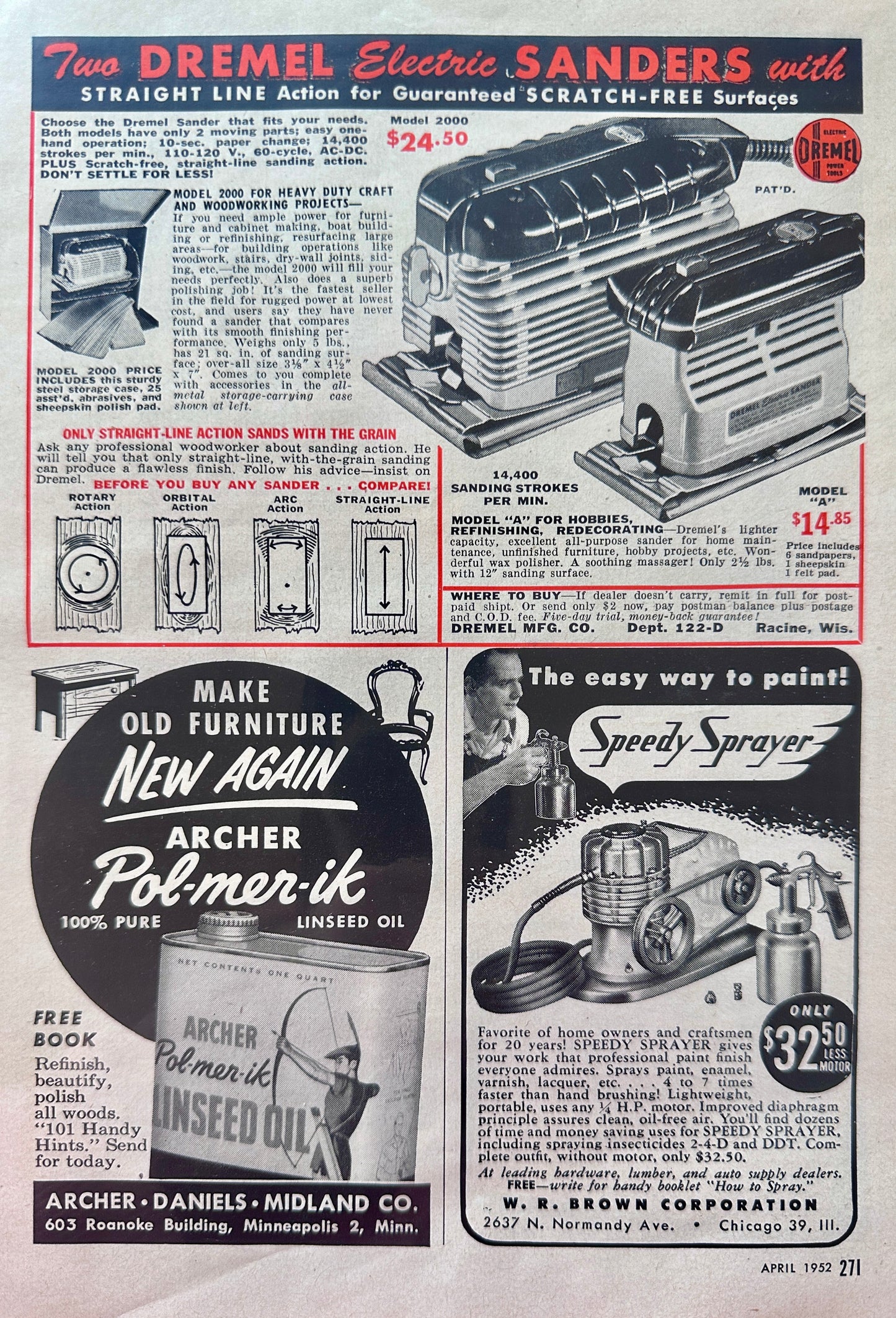 1952 Dremel Electric Sanders Plus Brown Speedy Sprayer Vintage Ads N302