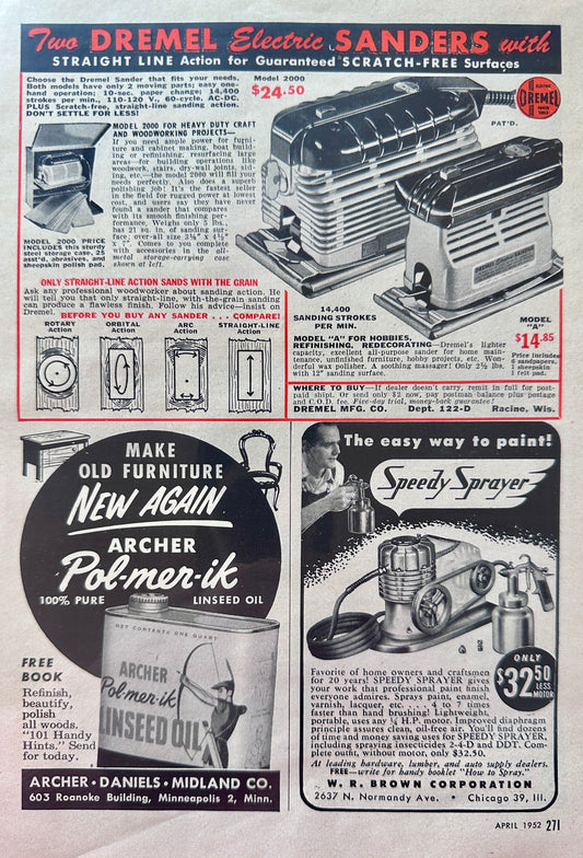 1952 Dremel Electric Sanders Plus Brown Speedy Sprayer Vintage Ads N302
