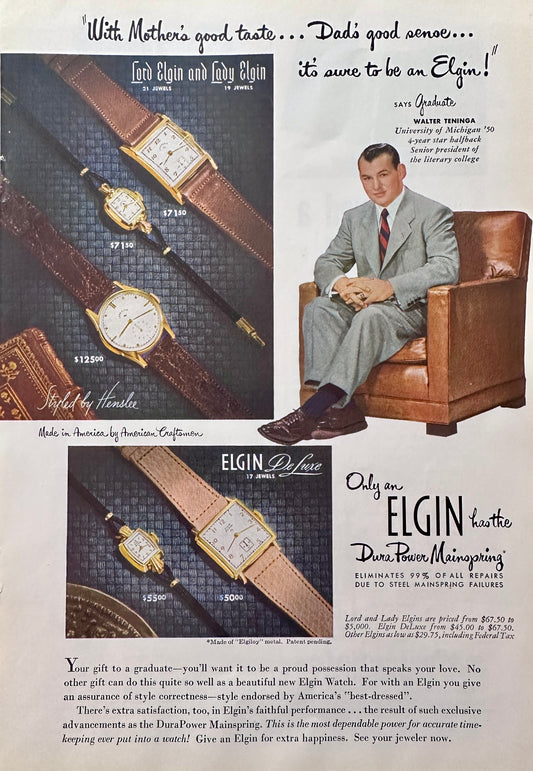 1950 Mom's Good Taste, Dad's Good Sense = Elgin Watches - Vintage Ad N323
