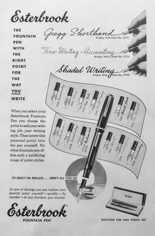 1949 Esterbrook Fountain Pen with 15 Nib styles Shown - Vintage Ad N332