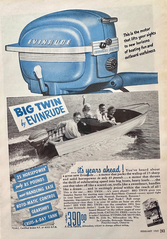 1951 Big Twin Outboard Motor By Evinrude 25 HP - Vintage Ad N346