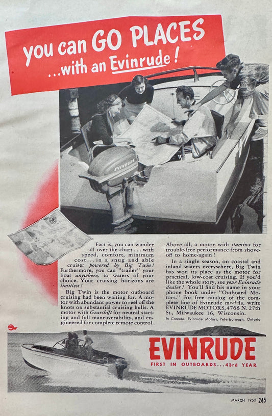 1952 Evinrude Outboard Motors - You Can Go Places - Vintage Ad N348