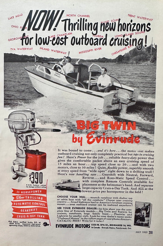 1952 Big Twin Outboard Motor by Evinrude  Vintage Ad N350