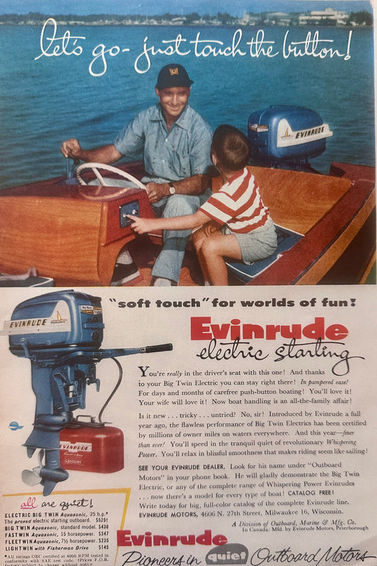 1955 Big Twin Outboard Motor by Evinrude with Electric Start - Vintage Ad N351