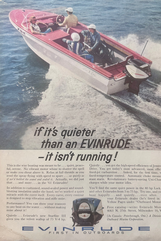 1961 Starflight III Outboard Motor by Evinrude Most Quiet Vintage Ad N355