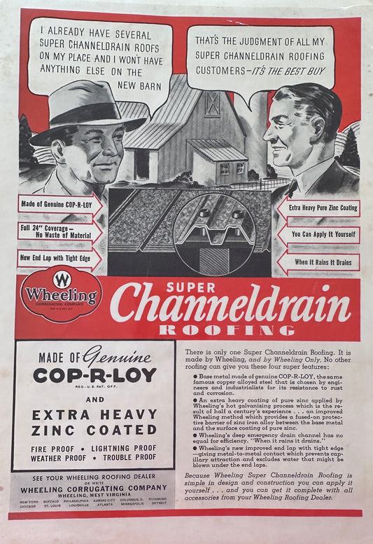 1937 Wheeling Super Channeldrain Roofing & Lucky Strike Cigarette Vintage Ads N362