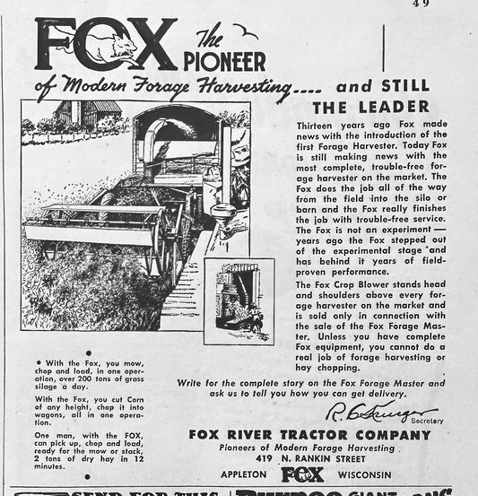 1949 Fox River Tractor Company Appleton, WI & Ful-O-Pep Feed Ads N380