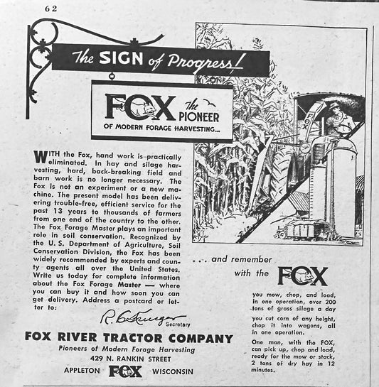 1949 Fox River Tractor Co Forage Master Vintage Ad N381