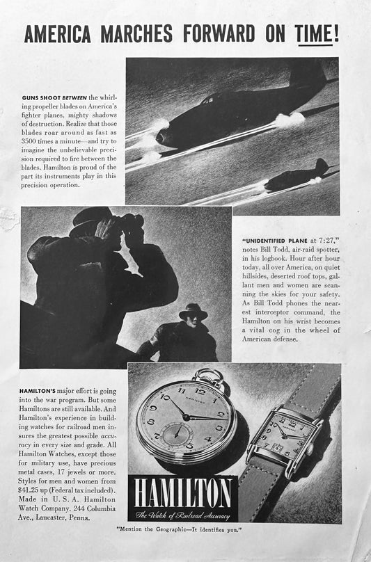 1942 Hamilton Watch - America Marches Forward On Time - Vintage Ad N430