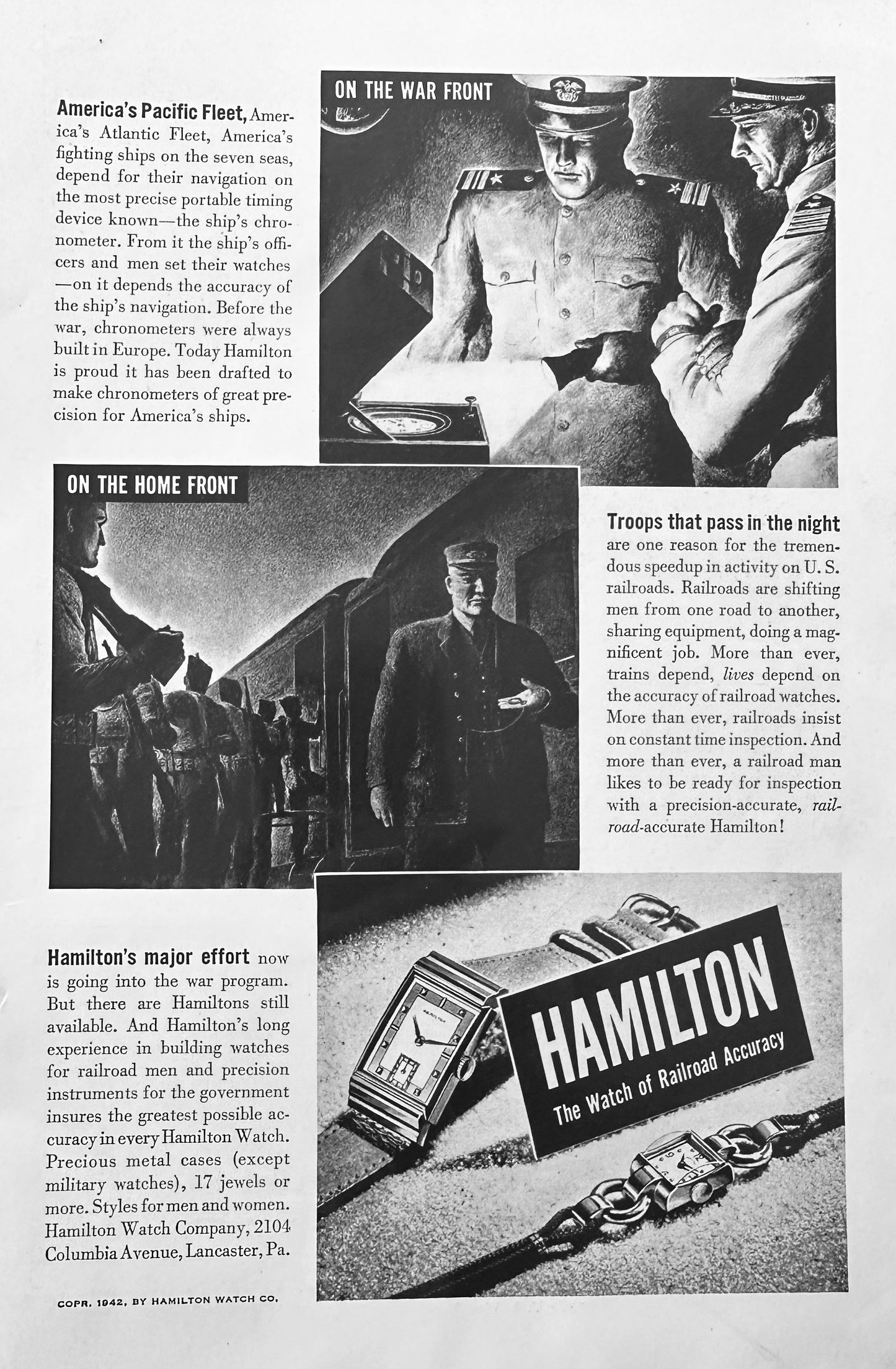 1942 Hamilton Watch Co Pacific Fleet, Railroads & Americans Vintage Ad N433