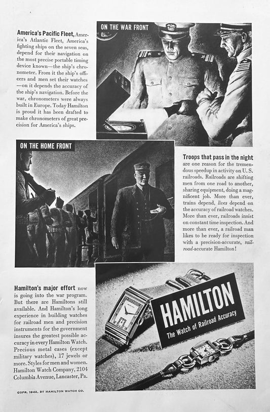1942 Hamilton Watch Co Pacific Fleet, Railroads & Americans Vintage Ad N433