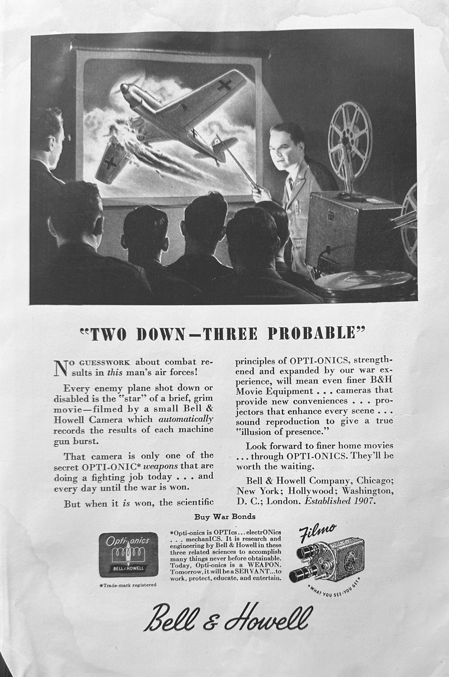 1944 WWII Era Hamilton Watch & Bell & Howell Filmo Movie Camera Ads