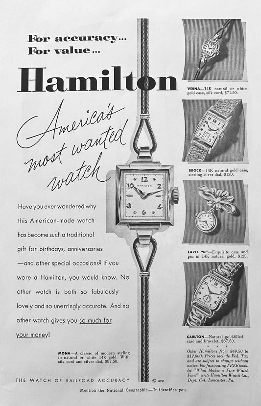 1947 Hamilton Watch Co Vintage Ad 5 Styles Shown N435
