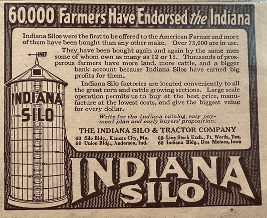1919 Indiana Silos Vintage Ad 60,000 Farmers Have Endorsed N475