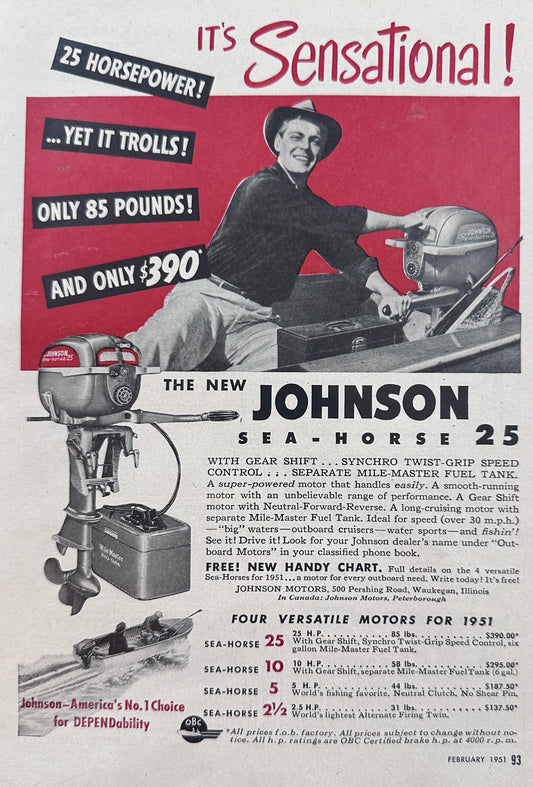1951 Johnson Sea-Horse 25 It's Sensational Vintage Ad N508