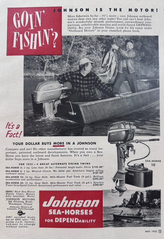 1952 Johnson Sea-Horse 10 Going Fishin'? Vintage Ad N509